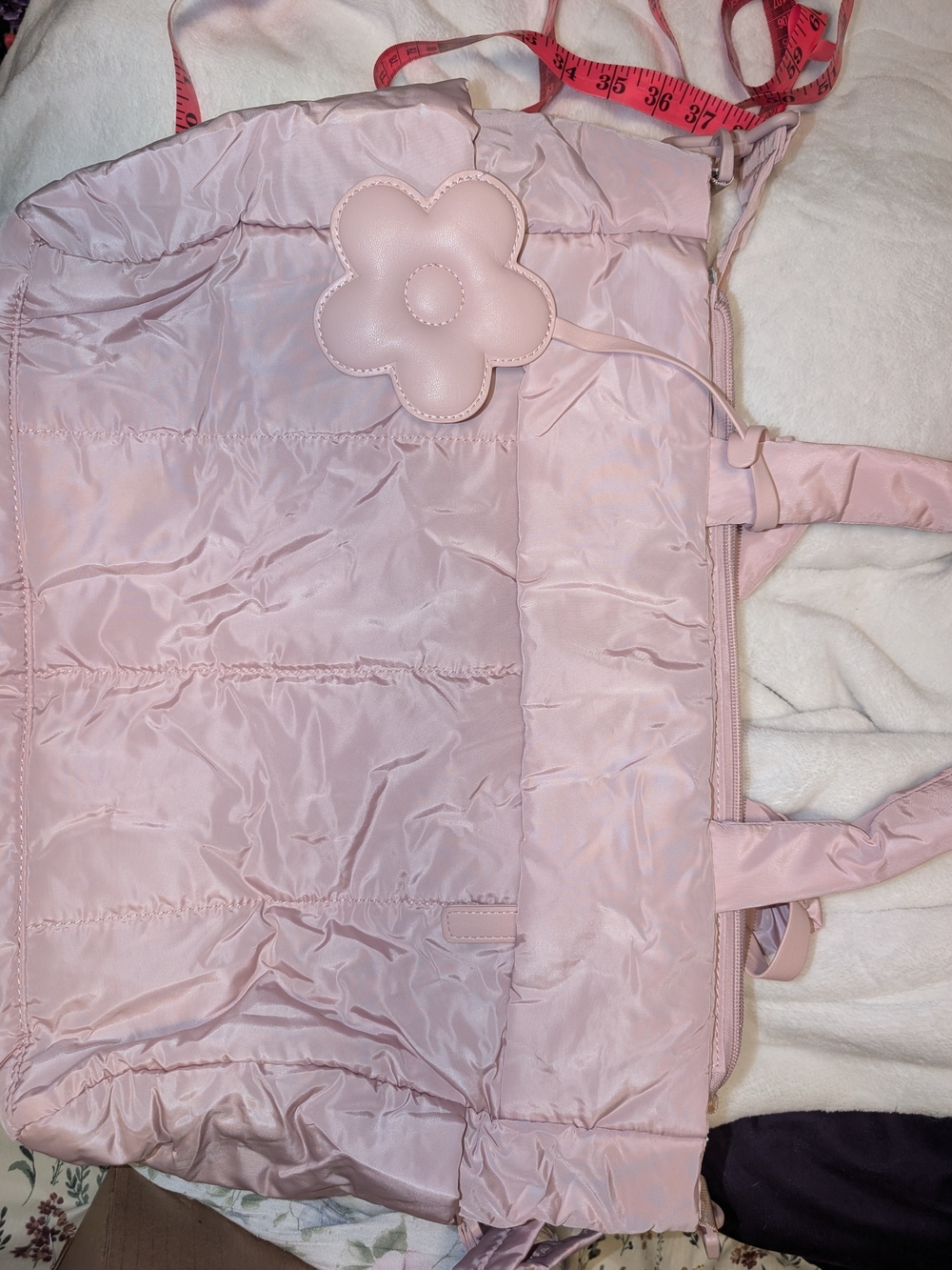 Soft Pink Quilted Tote Bag with Flower Charm